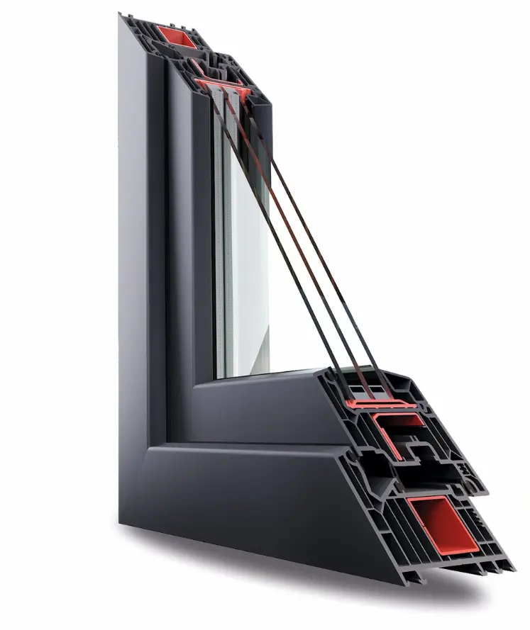 Profil VEKA Softline 82 MD — řez sedmikomorovou konstrukcí
